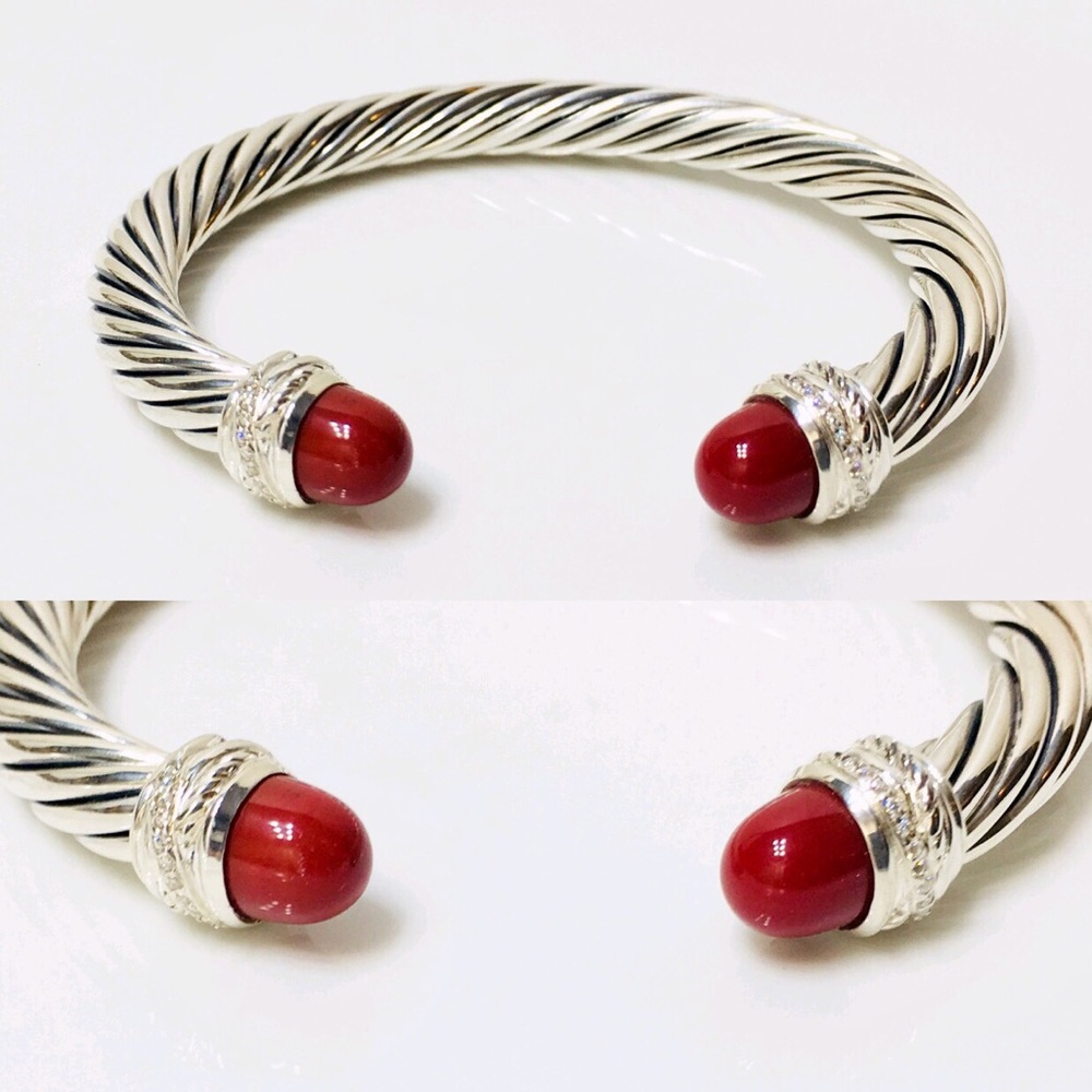 David Yurman Carnelian Diamond Cable Cuff Bracelet - Picture 4 of 8